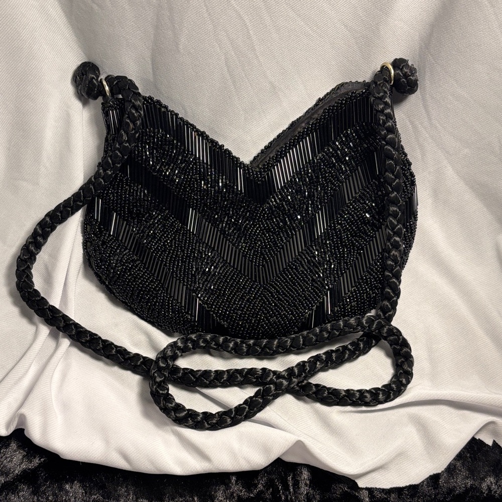 Black Beaded Chevron Crossbody Bag